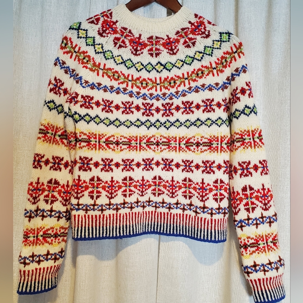 EUC J. Crew Hand Knit Fair Isle Crewneck Sweater Small Lambs Wool